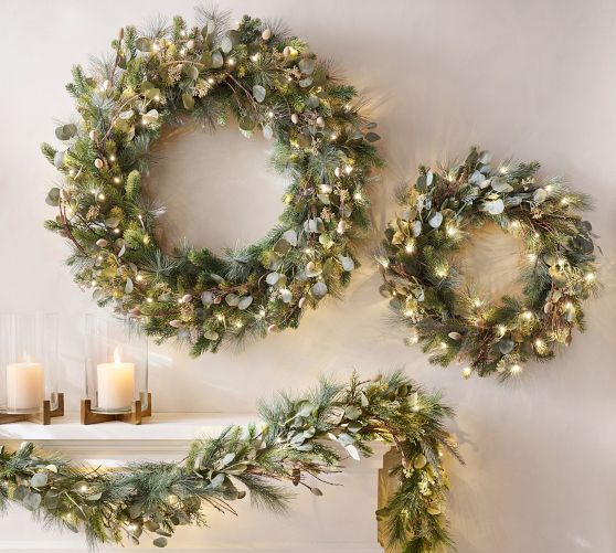 Lit Faux Eucalyptus and Pine Wreath & Garland