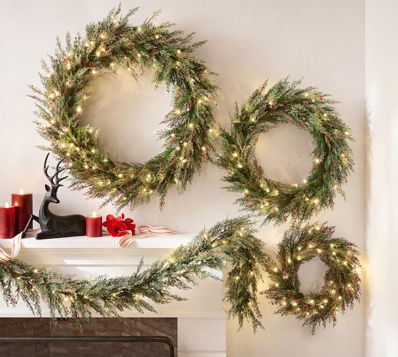 Faux Lit Cedar Berry Pine Wreath & Garland