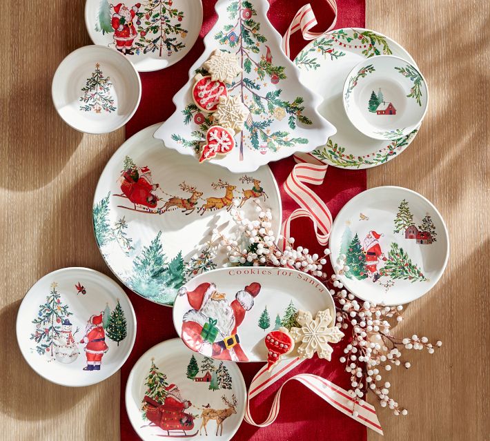 Pottery factory Barn Seasons Greetings Christmas Tree Serving Plates Dish Set 4 Ceramic