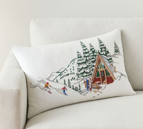 Skier Embroidered Lumbar Pillow