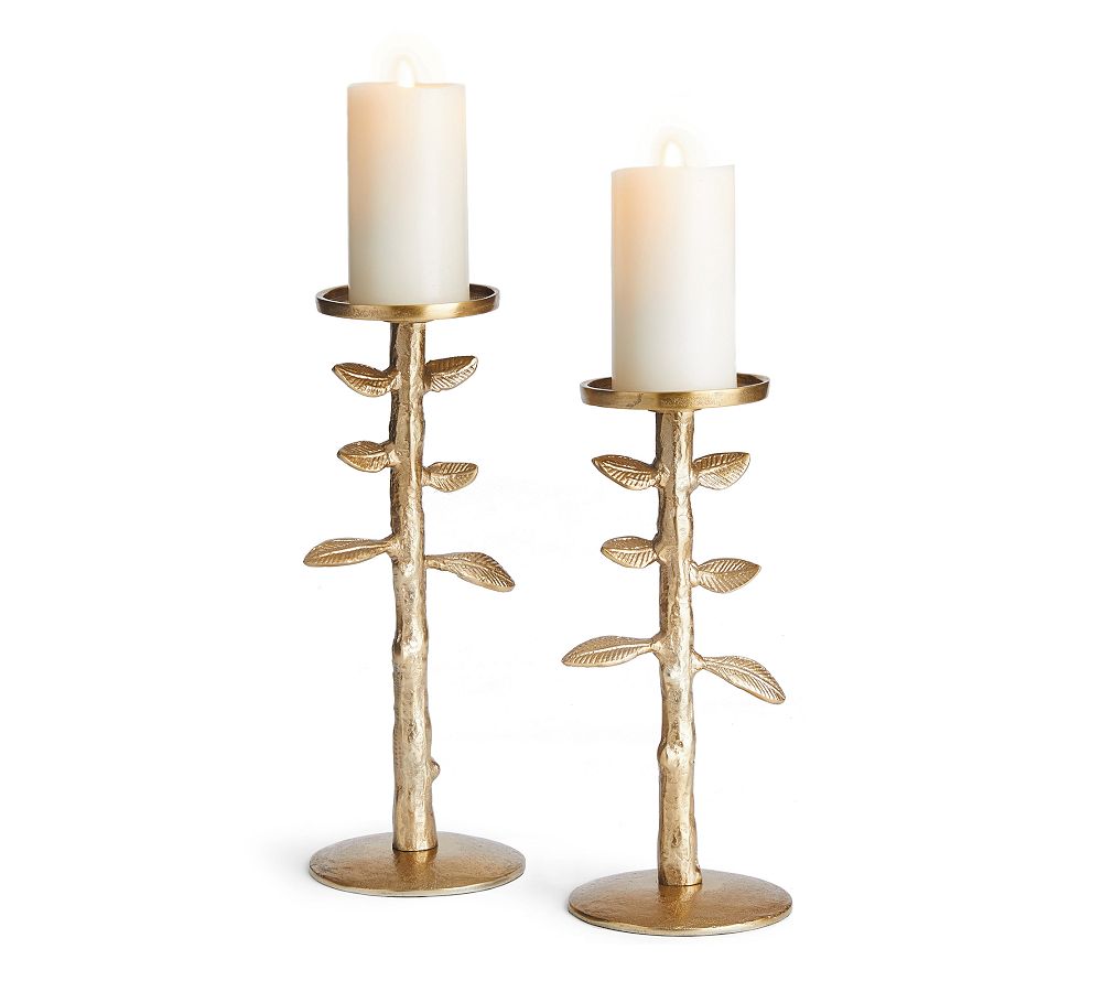 Brass Leaf Design Pillar Candle Holders, Set of 2