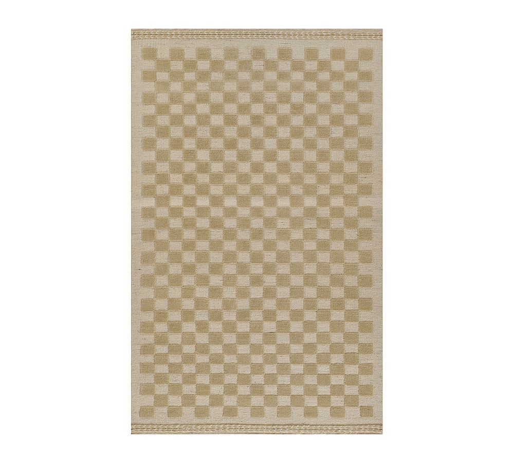 Beige Rectangular Handwoven Wool Rug with Braided Stripes