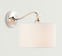 Linen Drum Shade Curved Arm Sconce (10'')