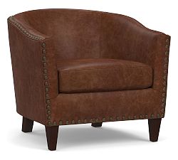 Harlow Leather Armchair with Nailheads, Polyester Wrapped Cushions, Statesville Molasses