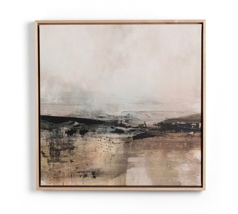 Large Neutral Abstract Landscape Canvas Print with Maple Frame