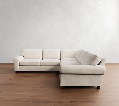Turner Petite Roll Arm Upholstered 3 Piece L Shaped Corner Sectional Down Blend Wrapped Cushions Aspen Flannel Light Gray Pottery Barn