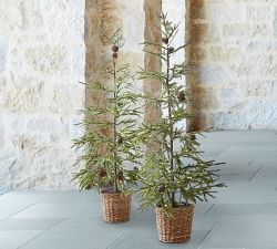 Lit Faux Pine Trees in Basket