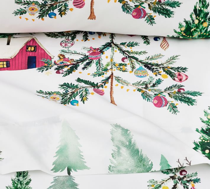 Pottery Barn Sentiment shops Organic Percale Sheet Set Christmas King NEW White Red