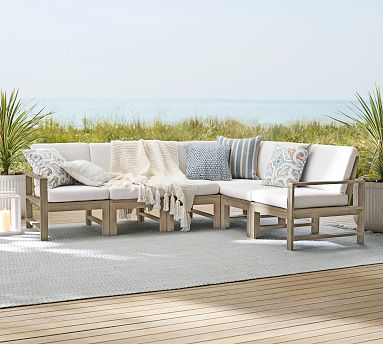 Outdoor Indio FSC Eucalyptus 6 Piece Sectional Frame 1 Corner Chair 3 Armless 1 La Chair 1 RA Chair Biscotti Pottery Barn