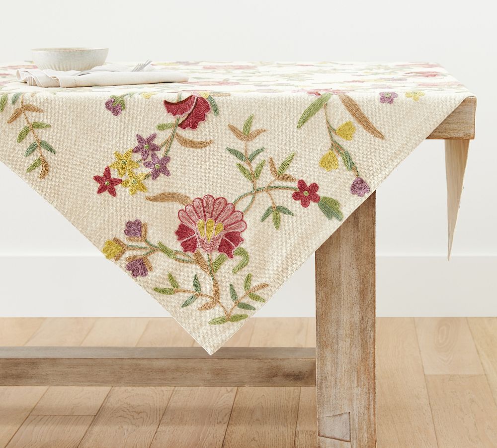 Liana Crewel Embroidered Cotton/Linen Table Throw - Multi