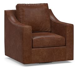 Cameron Slope Arm Leather Swivel Armchair, Polyester Wrapped Cushions, Statesville Molasses