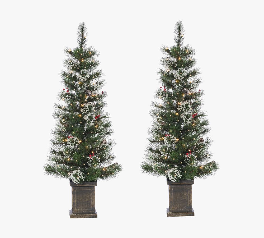 Lit Faux Potted Loveland Spruce Trees - Set of 2