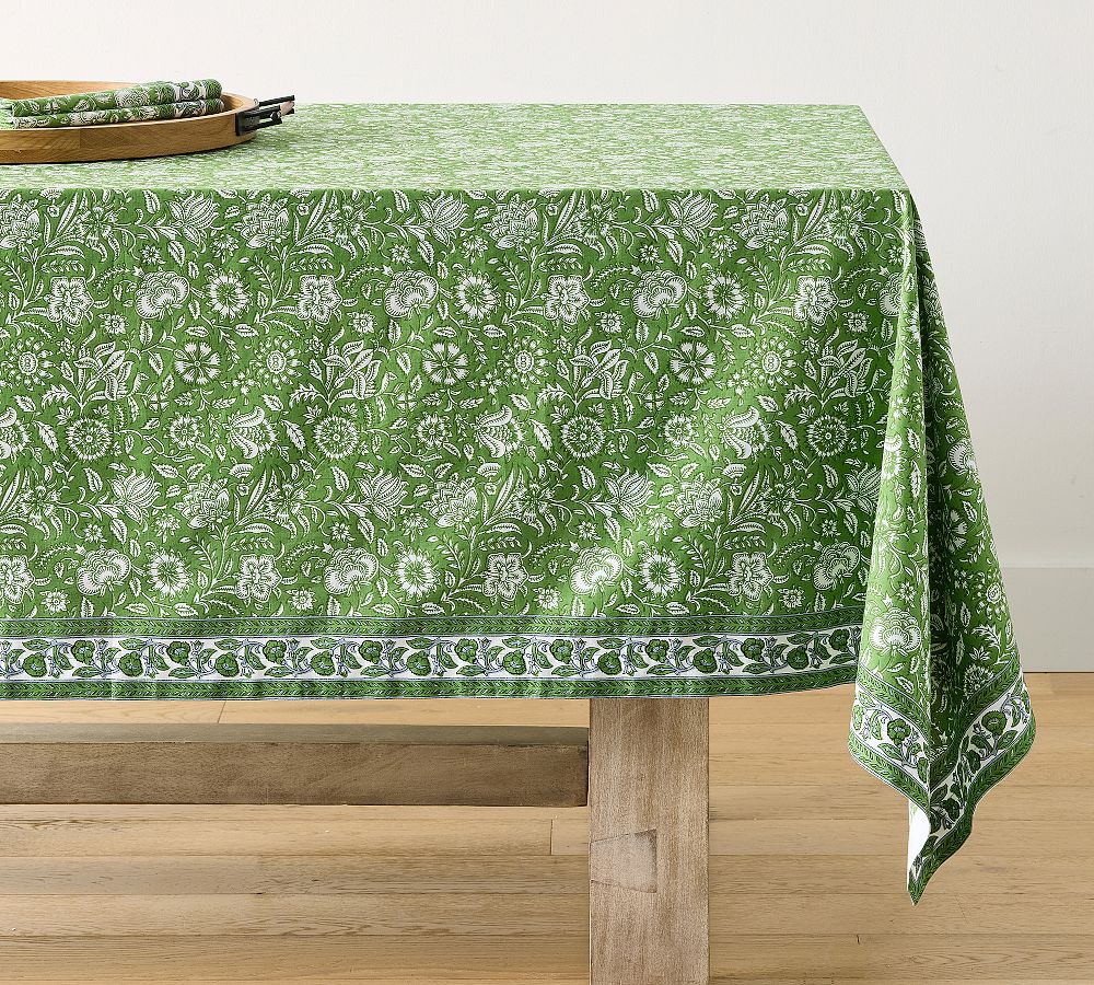 Green Tamara Block Print Organic Cotton Tablecloth