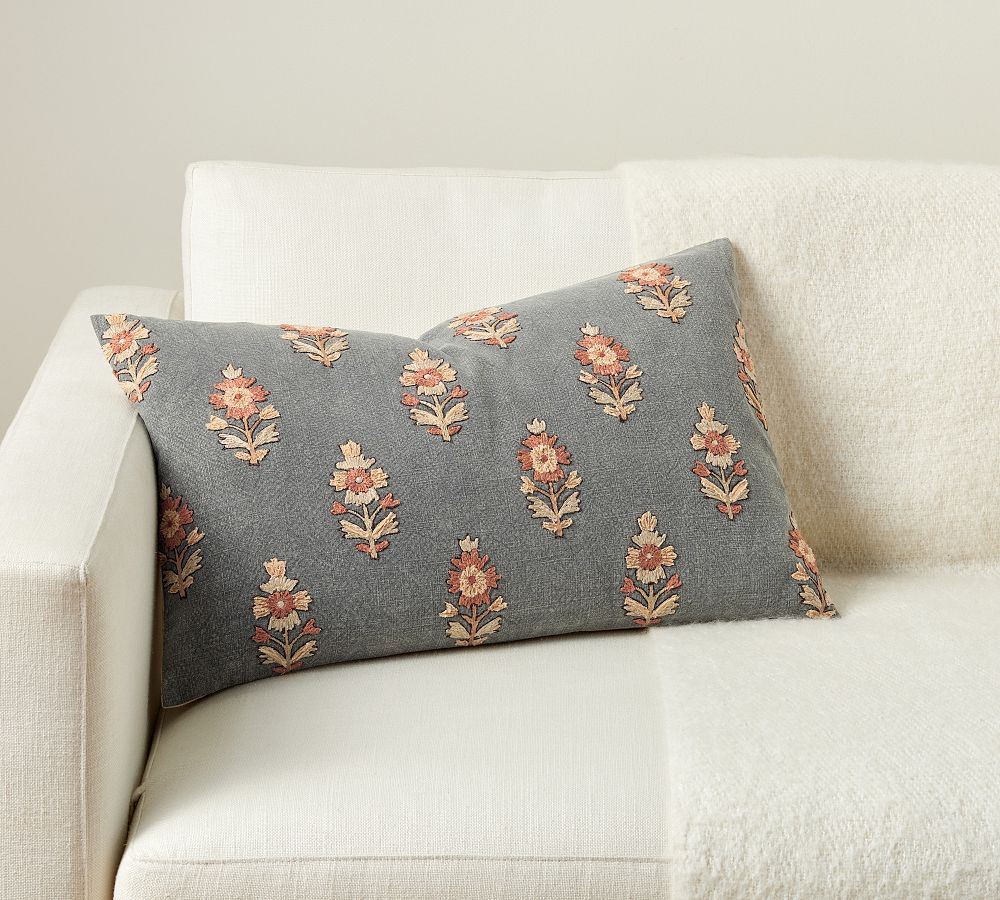 Camille Floral Embroidered Lumbar Pillow