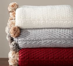 Faux Fur Pom Pom Knit Throw Blanket