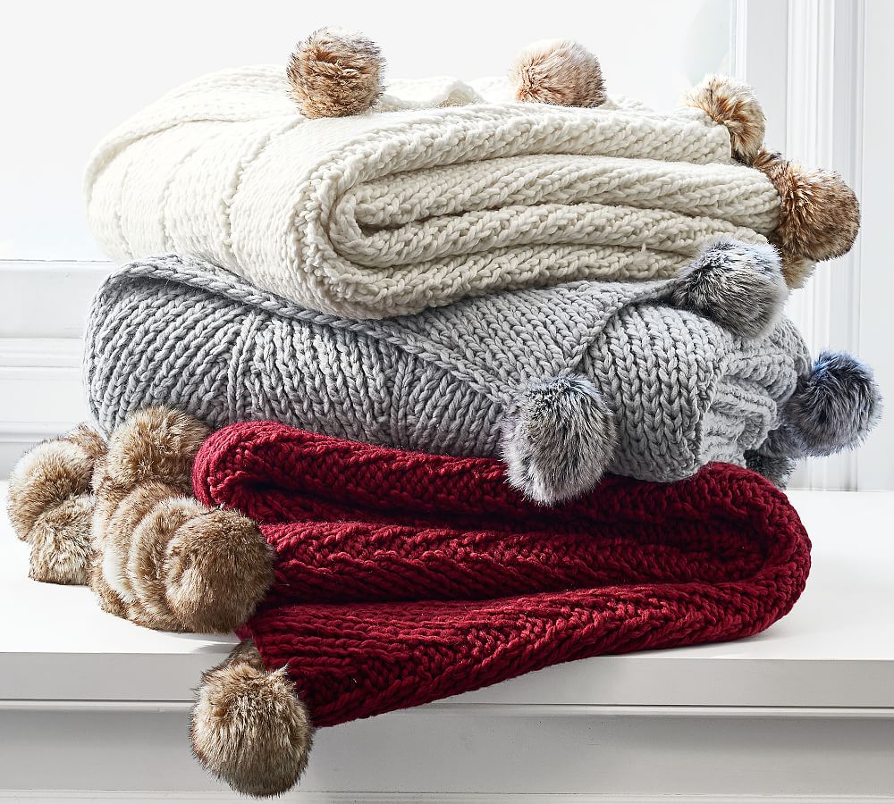 Faux Fur Pom Pom Knit Throw Blanket