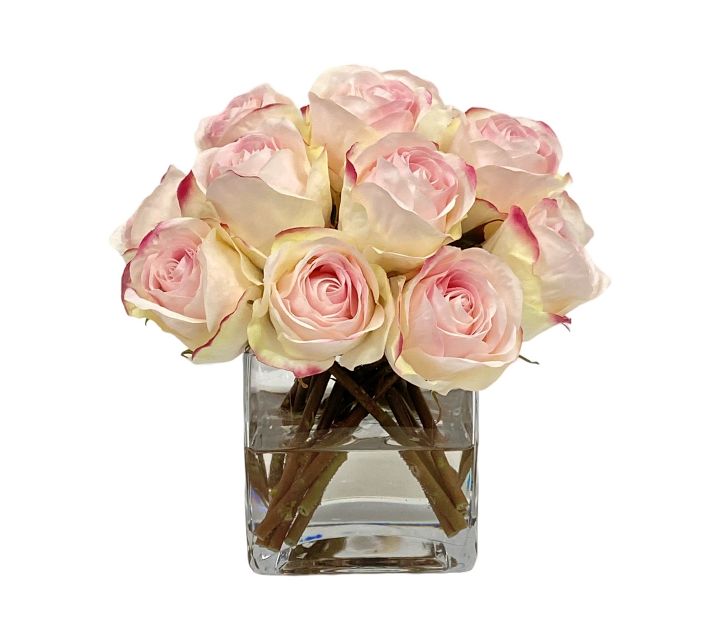 Pottery Barn Faux Rose on sale Arrangement in Glass Vase