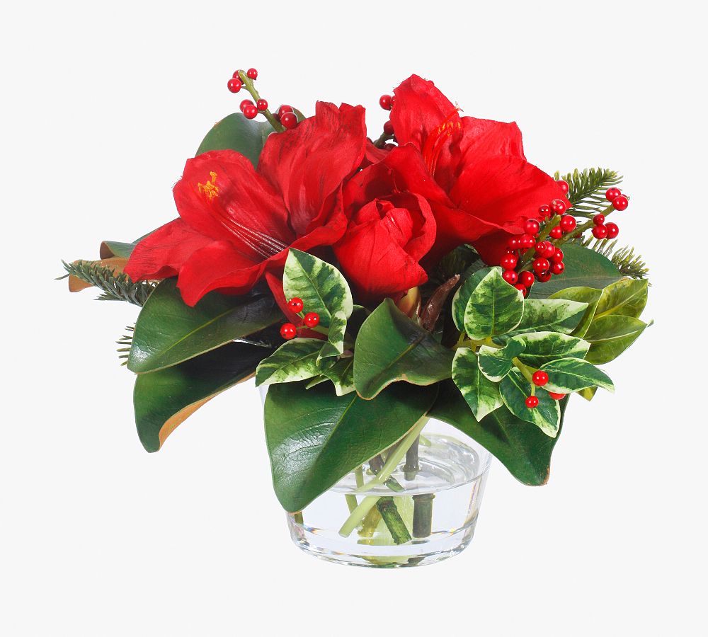 Faux Berry &amp; Amaryllis Mixed Arrangement in Glass Vase
