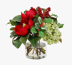 Faux Hydrangea &amp; Magnolia Arrangement in Glass Vase