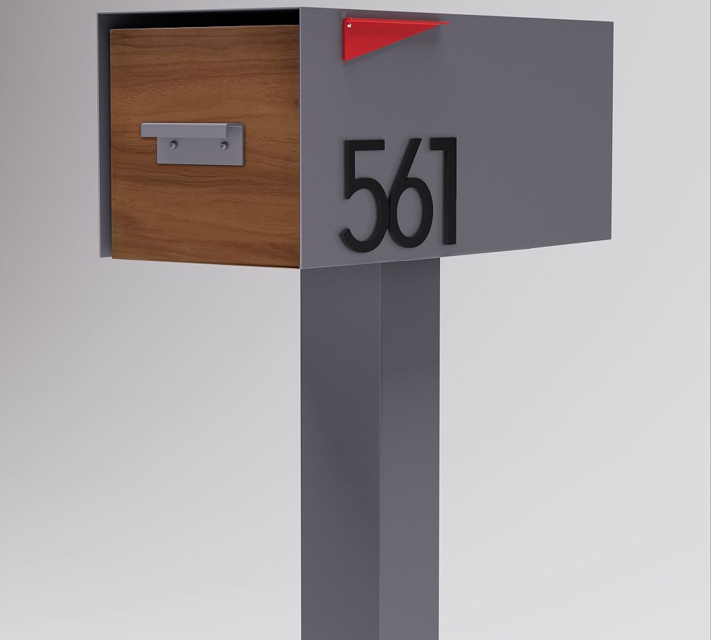 Gray and Black Aluminum Post Mounted Mailbox with Wood Door