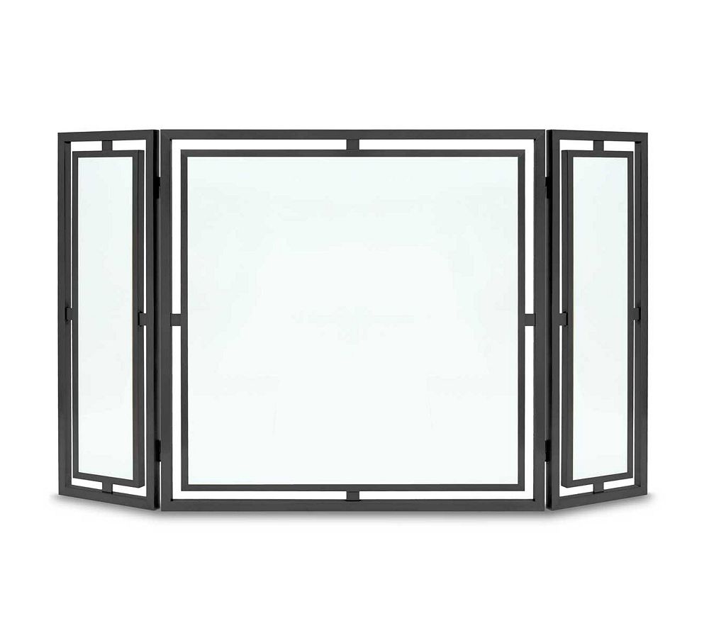 Matte Black Stainless Steel and Glass Three-Panel Fireplace Screen