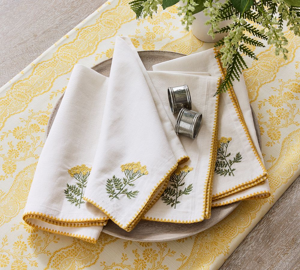 Botanical Embroidered Cotton/Linen Napkins - Set of 4