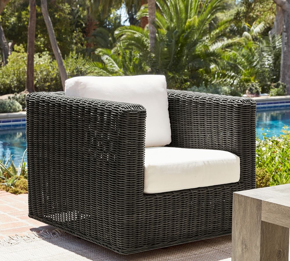 OPEN BOX: Huntington All-Weather Wicker Square Arm Swivel Lounge Chair with Cushion, Charcoal