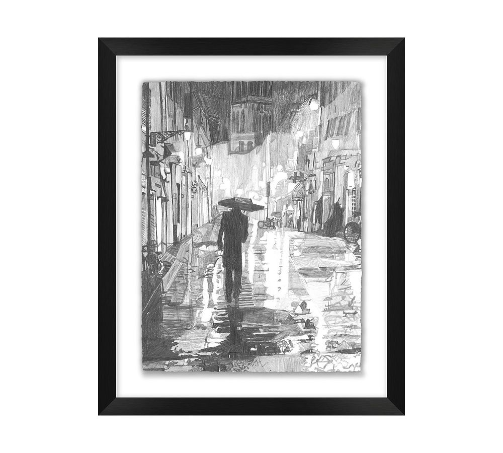 A Man Strolling in Italy on a Rainy Night by AJ Redmond for ArtLifting