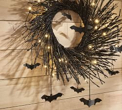 Lit Handcrafted Glitter Branch Wreath with Bats