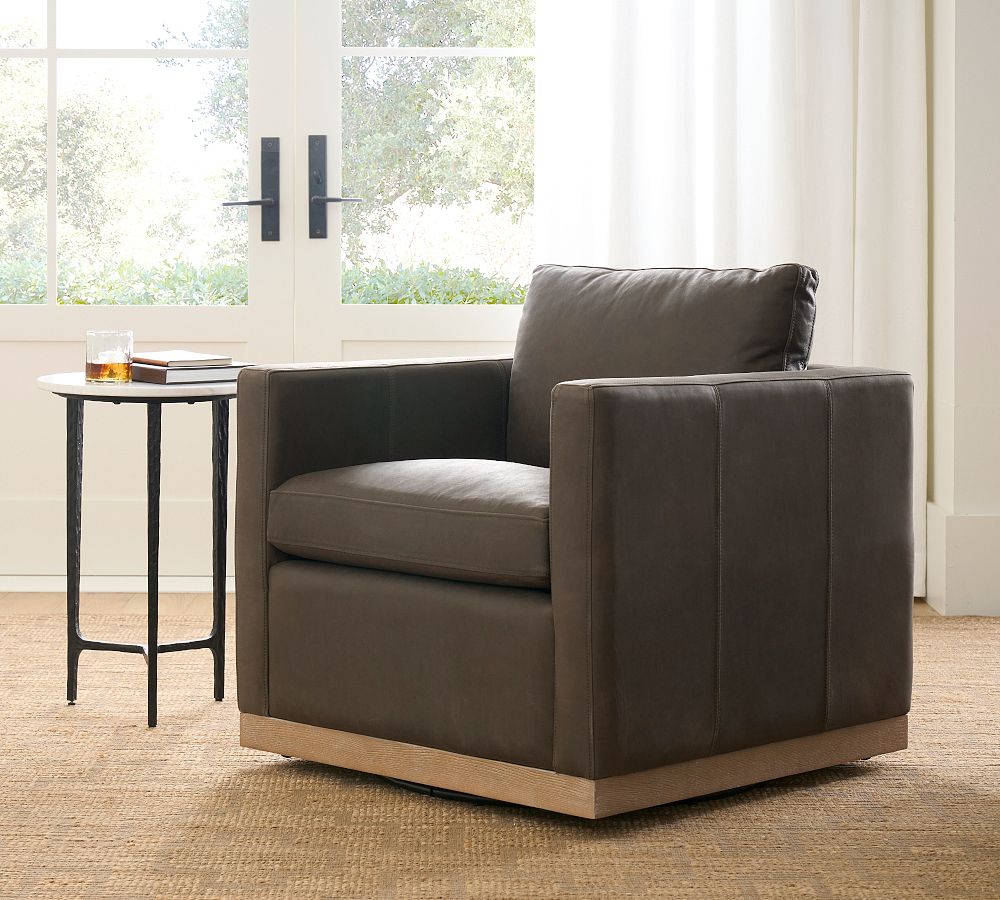 Jake Leather Seadrift Wood Base Swivel Chair