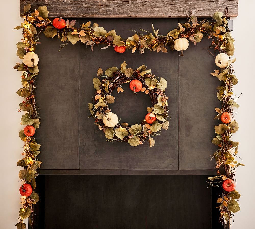 Pre-Lit Faux Natural Pumpkin Wreath &amp; Garland