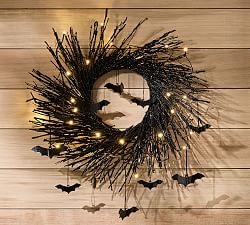 Lit Handcrafted Glitter Branch Wreath with Bats