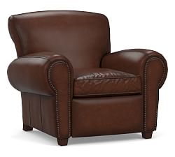 Manhattan Leather Recliner with Nailheads, Polyester Wrapped Cushions, Burnished Walnut