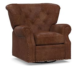 Lansing Tufted Leather Swivel Recliner, Polyester Wrapped Cushions, Statesville Molasses