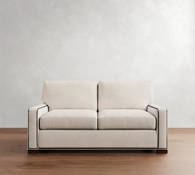 Turner Square Arm Upholstered Deluxe Sleeper Sofa with Nailheads Polyester Wrapped Cushions Performance Slub Weave White Pottery Barn