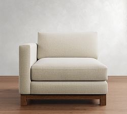 Jake Upholstered Armless Loveseat with Dark Wood Base Polyester Wrapped Cushions Performance Micro Boucle Mocha Pottery Barn