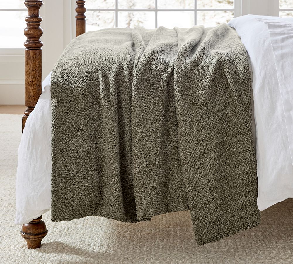 Washed Cotton Basket Weave Blanket, Loden