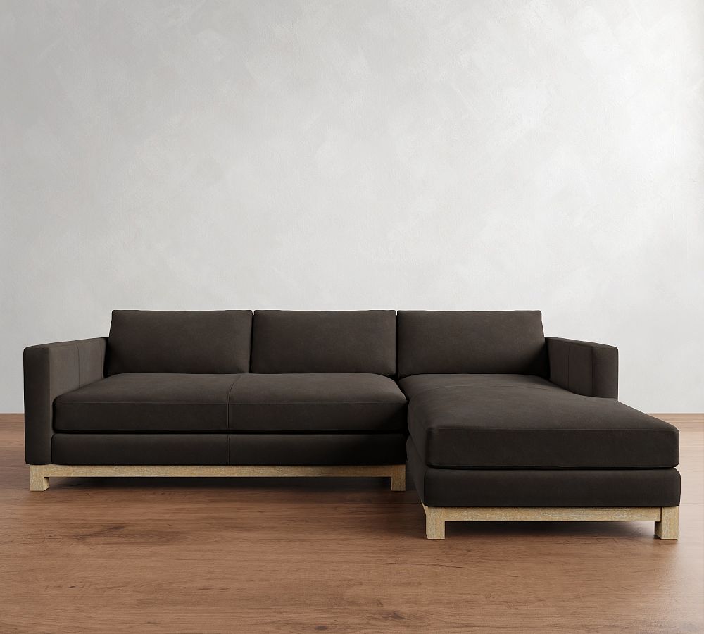 Jake Leather Seadrift Wood Base Chaise Sectional (111&quot;&ndash;121&quot;)