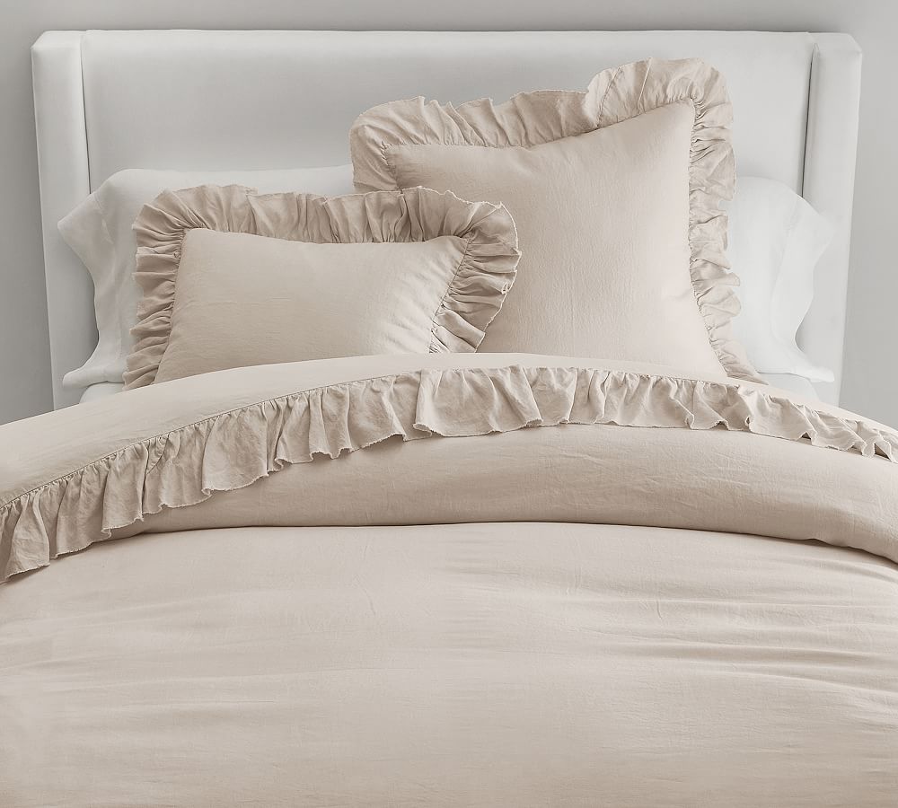 Belgian Flax Linen Fringe Ruffle Duvet Cover - Queen in Rosewater