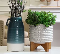 Hazel Textured Ceramic Planter on Wooden Stand