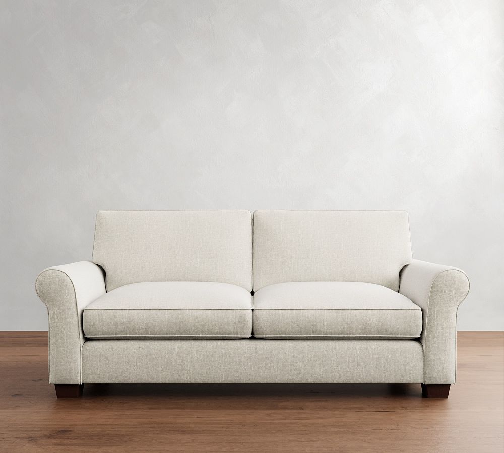 PB Comfort Roll Arm Upholstered 8 Foot Sofa 102 with Bench Cushion Box Edge Memory Foam Cushions Chenille Basketweave Pebble Pottery Barn