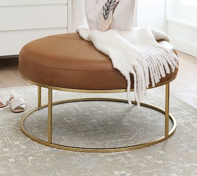 Millie Leather Round Ottoman Bronze Legs Churchfield Taupe Pottery Barn