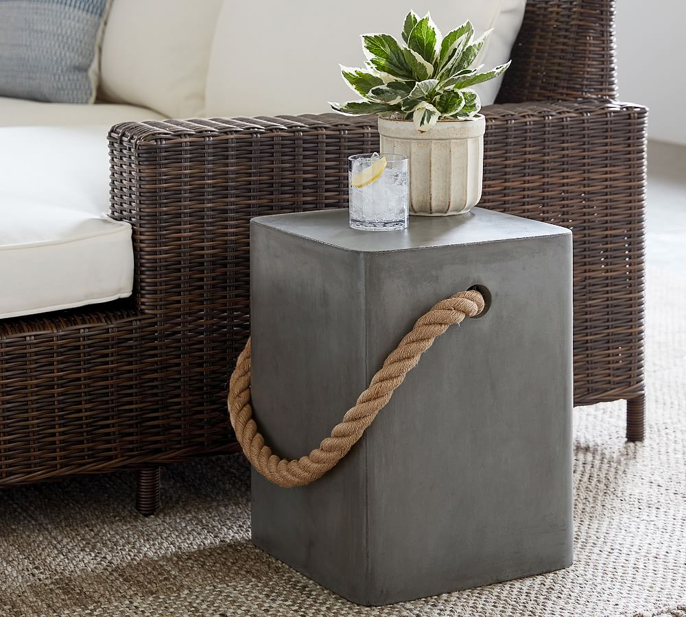 Coastal Concrete &amp; Rope Outdoor Side Table (14&quot;-16&quot;)