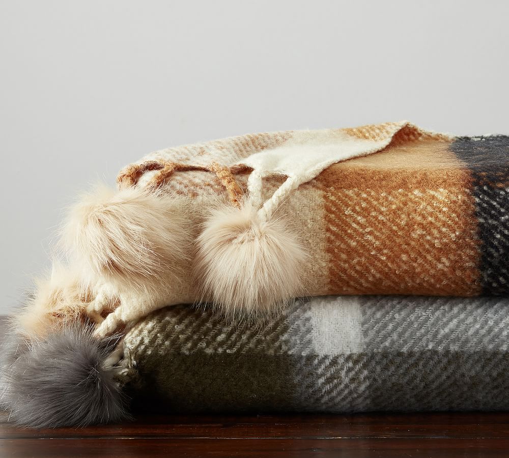 Mohair Plaid Pom Pom Throw