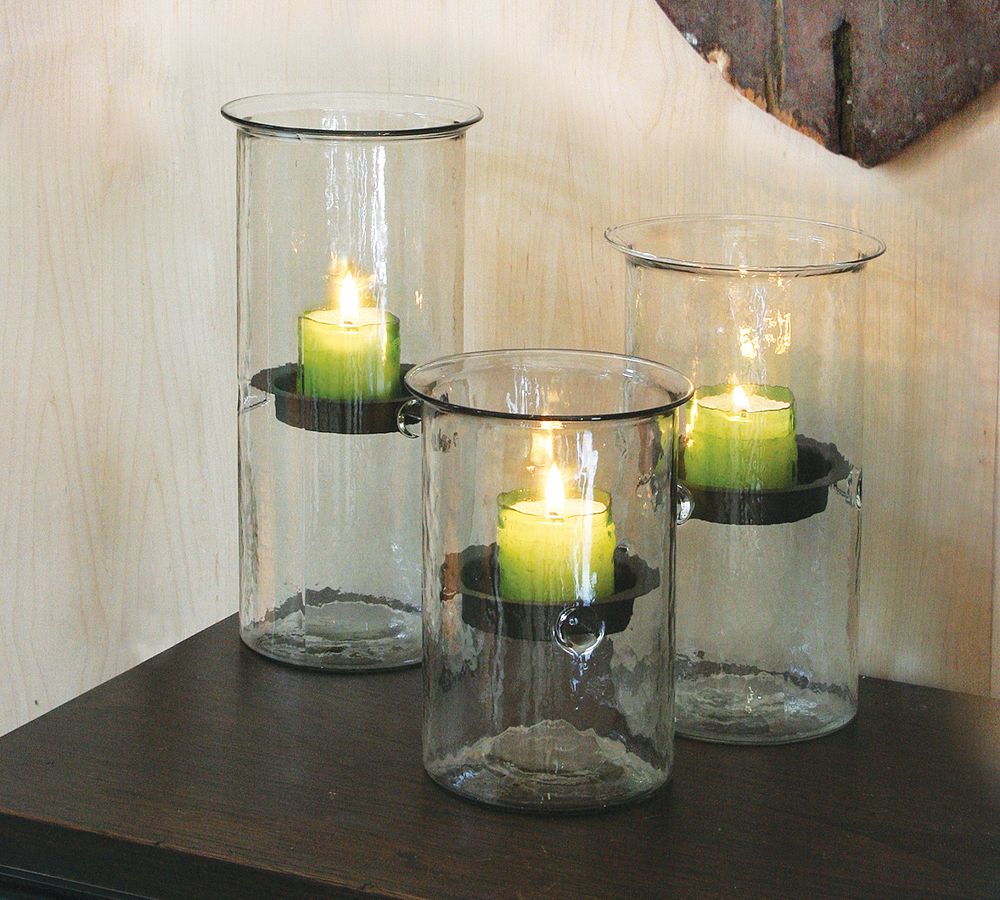 Handmade Glass Hurricane Candleholder With Rustic Tray