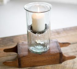 Handmade Glass Hurricane Candleholder With Rustic Tray