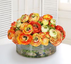 Faux Mix Orange Ranunculus in Round Glass Bowl