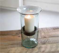 Handmade Hammered Glass Hurricane Candleholder With Rustic Tray