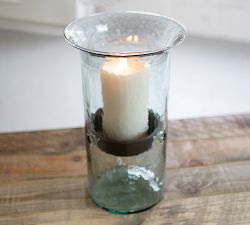 Handmade Hammered Glass Hurricane Candleholder With Rustic Tray