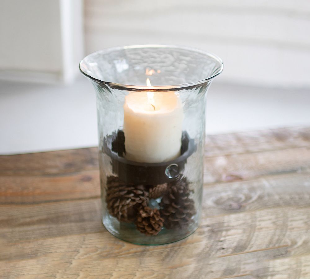 Handmade Hammered Glass Hurricane Candleholder With Rustic Tray